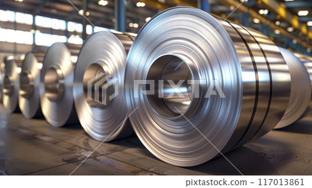 Stock with rolls of sheet steel in industrial plant. 117013861