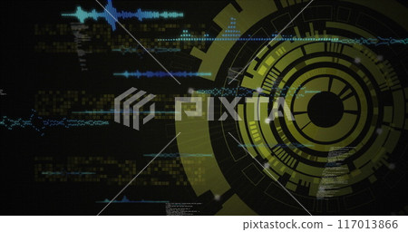 Image of data processing over scope scanning on black background Image of data processing over scope scanning on black background 117013866