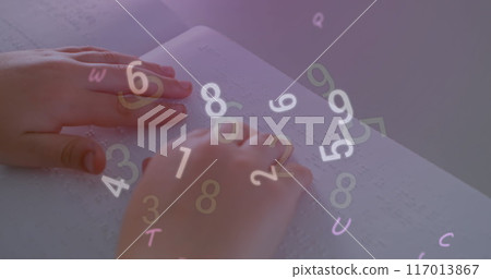 Image of multiple alphabets and numbers floating over close up of a finger reading in braille 117013867