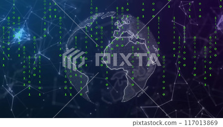 Image of data processing over globe and network of connections on black background 117013869