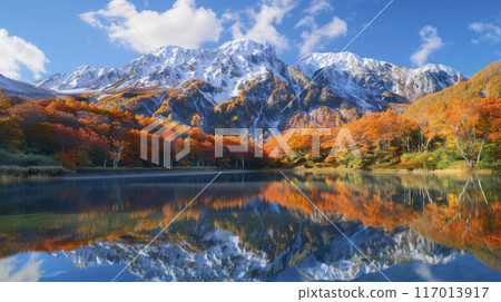 Beautiful landscape with snowy mountain, autumn trees and blue lake. 117013917