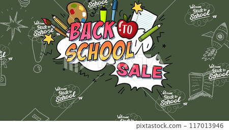 Image of back to school text over school items icons on green background 117013946