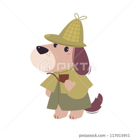 Dog Animal Detective Character with Smoking Pipe Investigating and Search for Evidence Vector Illustration 117013951