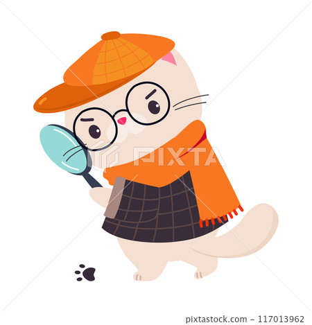 Cat Animal Detective Character with Magnifier Investigating and Search for Evidence Vector Illustration Cat Animal Detective Character with Magnifier Investigating and Search for Evidence Vector Illustration 117013962