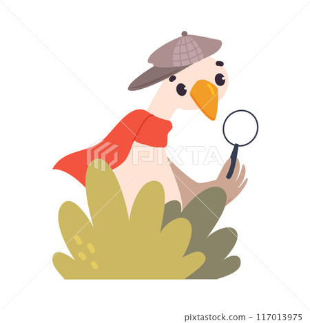 Goose Animal Detective Character with Magnifier Investigating and Search for Evidence Vector Illustration 117013975