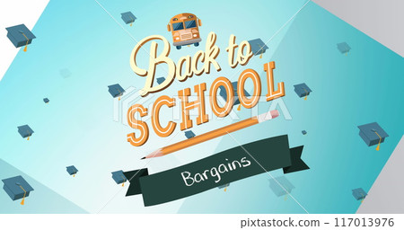Image of back to school bargains text over school items icons on blue background 117013976