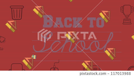 Image of back to school text over school items icons on red background 117013988