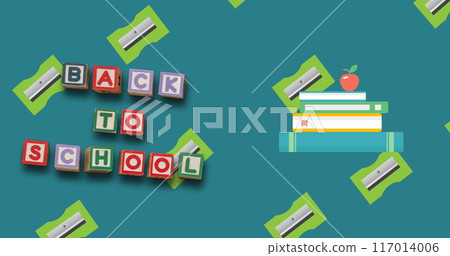 Image of back to school text over school items icons on green background 117014006