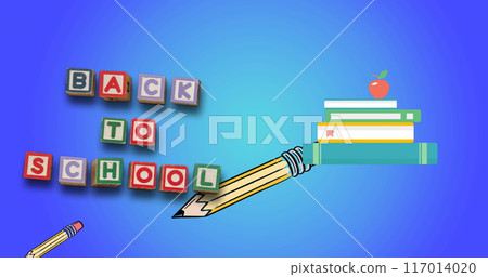 Image of back to school text over school items icons on blue background Image of back to school text over school items icons on blue background 117014020