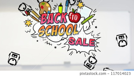 Image of back to school text and school items icons over classroom Image of back to school text and school items icons over classroom 117014023