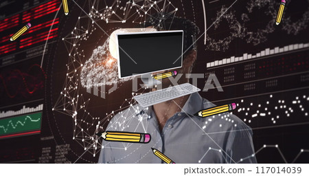 Image of diverse data and screen over caucasian man in vr headset and digital padlock Image of diverse data and screen over caucasian man in vr headset and digital padlock 117014039