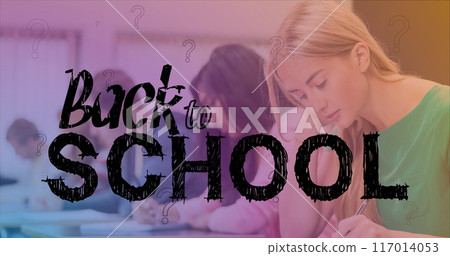 Image of back to school over class of diverse students learning at school 117014053