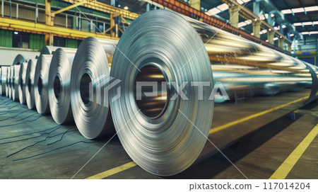 Large rolls of aluminum and stainless steel sheets stacked in an industrial warehouse, materials use for construction or industry production. Large rolls of aluminum and stainless steel sheets stacked in an industrial warehouse, materials use for construction or industry production. 117014204