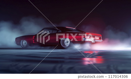 Retro red car drifting with lots of smoke from burning tires on speed track at night. 117014306