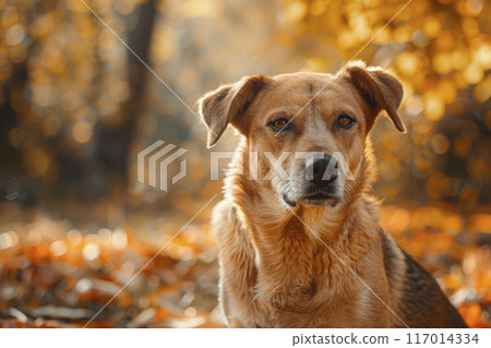 Adorable portrait of crossbreed dog in the autumn park. Adorable portrait of crossbreed dog in the autumn park. 117014334