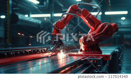 Industrial robot are welding in a modern factory. Factory automation. Industrial robot are welding in a modern factory. Factory automation. 117014340