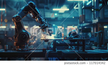 Industrial robot are welding in a modern factory. Industrial technology concept. 117014342