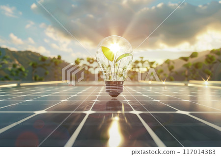Light bulb with green plant over solar panel background. Sustainable energy concept. 117014383