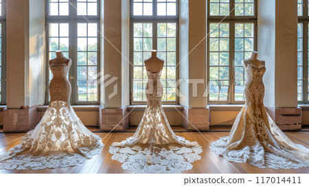 Mannequins dressed in lace gowns, displayed in front of large windows illuminated by natural sunlight. Mannequins dressed in lace gowns, displayed in front of large windows illuminated by natural sunlight. 117014411