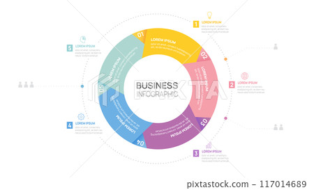 Infographic circle arrow template for business. Modern Timeline 5 options step, digital marketing data, presentation vector infographics. Infographic circle arrow template for business. Modern Timeline 5 options step, digital marketing data, presentation vector infographics. 117014689