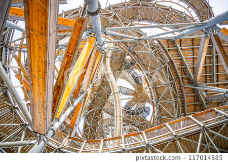 Looking up from the inside of the Sky Walk Tower, showing the intricate wooden and metal construction. Swieradow Zdroj, Poland Looking up from the inside of the Sky Walk Tower, showing the intricate wooden and metal construction. Swieradow Zdroj, Poland 117014885