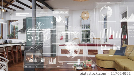 Image of financial data processing over restaurant interiors 117014991