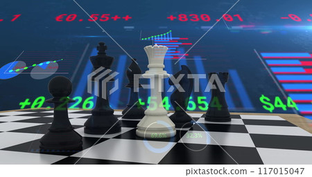Image of chess game over graphs and charts processing data on dark background Image of chess game over graphs and charts processing data on dark background 117015047