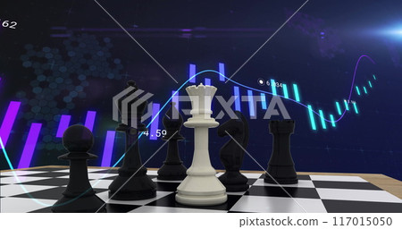 Image of chess pieces over graph and data processing on dark background Image of chess pieces over graph and data processing on dark background 117015050