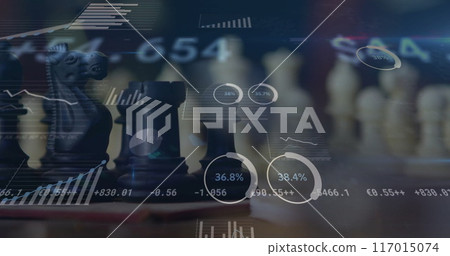 Image of graphs processing data over chess pieces on dark background Image of graphs processing data over chess pieces on dark background 117015074