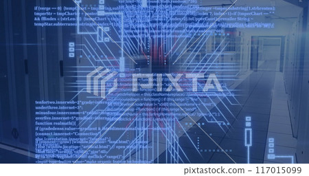 Image of circuit board and data processing over computer servers 117015099