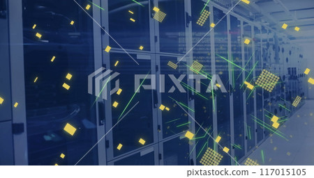 Image of circuit board and data processing over computer servers 117015105