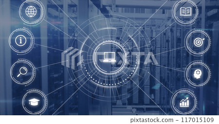Image of network of connections with icons and data processing over computer servers 117015109