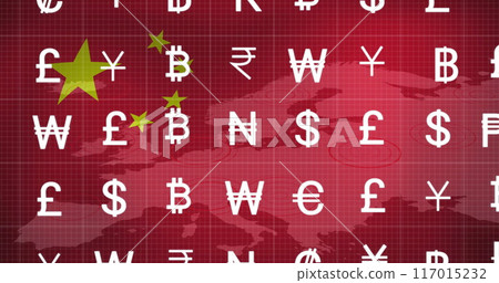 Image of currency signs and financial data processing over flag of china 117015232