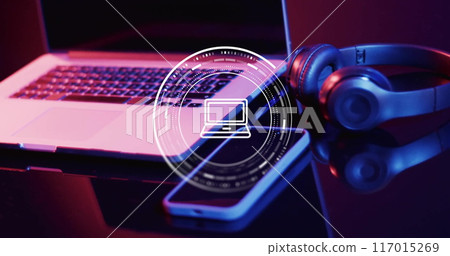 Image of laptop icon over laptop, smartphone and headphones Image of laptop icon over laptop, smartphone and headphones 117015269