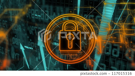 Lock and key symbol image over financial data and graphs background Lock and key symbol image over financial data and graphs background 117015316