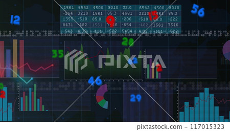 Financial data charts and graphs image over various numerical and graphical elements Financial data charts and graphs image over various numerical and graphical elements 117015323