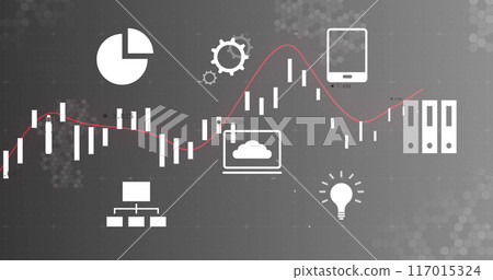 Financial data analysis image with icons of charts, gears, and technology devices 117015324