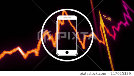 Smartphone icon image over fluctuating financial graph background 117015329