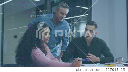Image of financial data processing over diverse business people in office Image of financial data processing over diverse business people in office 117015415