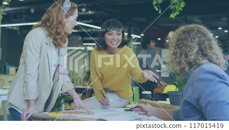 Image of financial data processing over diverse business people in office 117015419