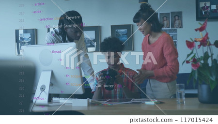 Image of financial data processing over diverse business people in office Image of financial data processing over diverse business people in office 117015424