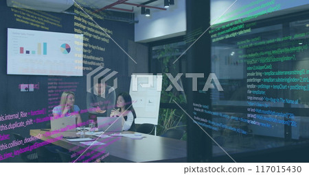 Image of financial data processing over diverse business people in office Image of financial data processing over diverse business people in office 117015430