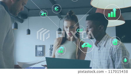 Image of ecology icons over diverse colleagues using laptop and discussing work in office Image of ecology icons over diverse colleagues using laptop and discussing work in office 117015438