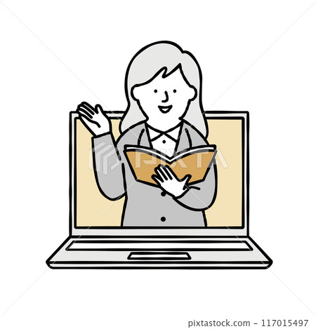 A teacher teaching an online class on a computer 117015497
