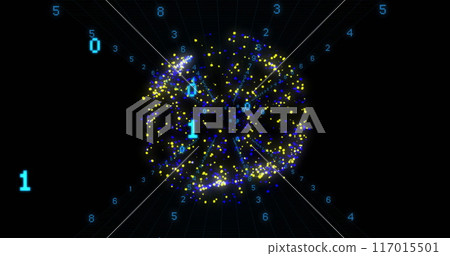 Image of binary coding data processing over globe of connections Image of binary coding data processing over globe of connections 117015501