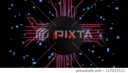 Image of digital data processing with countdown over circuit board on black background Image of digital data processing with countdown over circuit board on black background 117015521