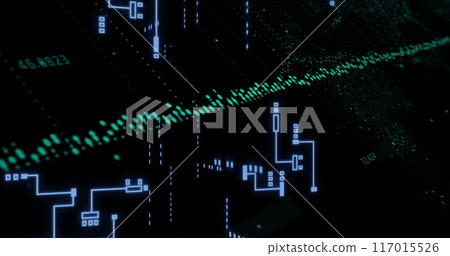 Image of digital data processing over circuit board on black background Image of digital data processing over circuit board on black background 117015526
