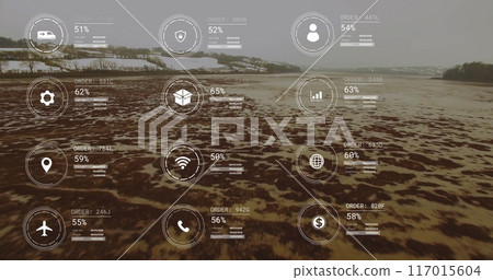Image of network of icons and data processing over landscape 117015604