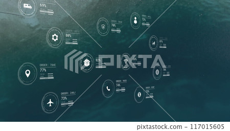 Image of network of icons with data processing over seascape 117015605
