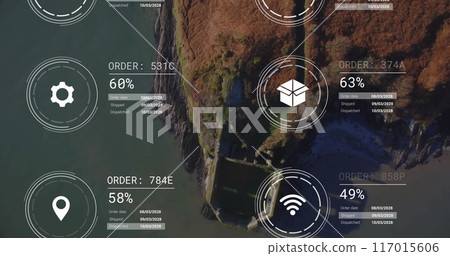 Image of network of icons and data processing over landscape 117015606